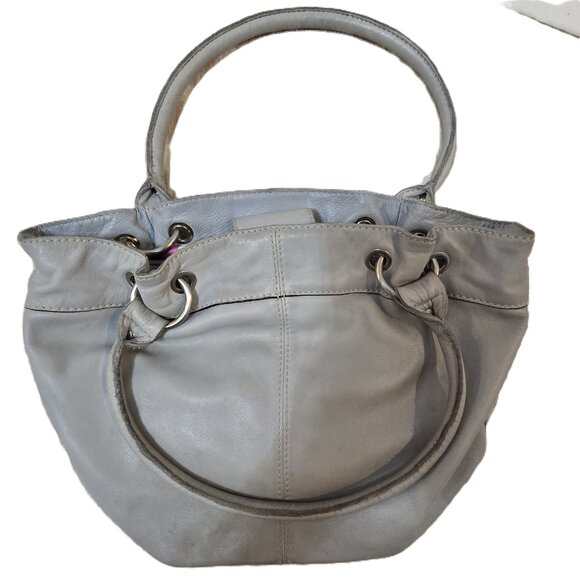 Tignanello Gray Leather Tote Bucket Bag With Striped Interior Double Handles - Picture 13 of 13